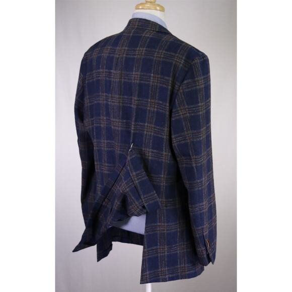 Samuelsohn Blue Brown Plaid Wool Knit Plaid Windowpane Patch Pocket Blazer 48L - Picture 8 of 11
